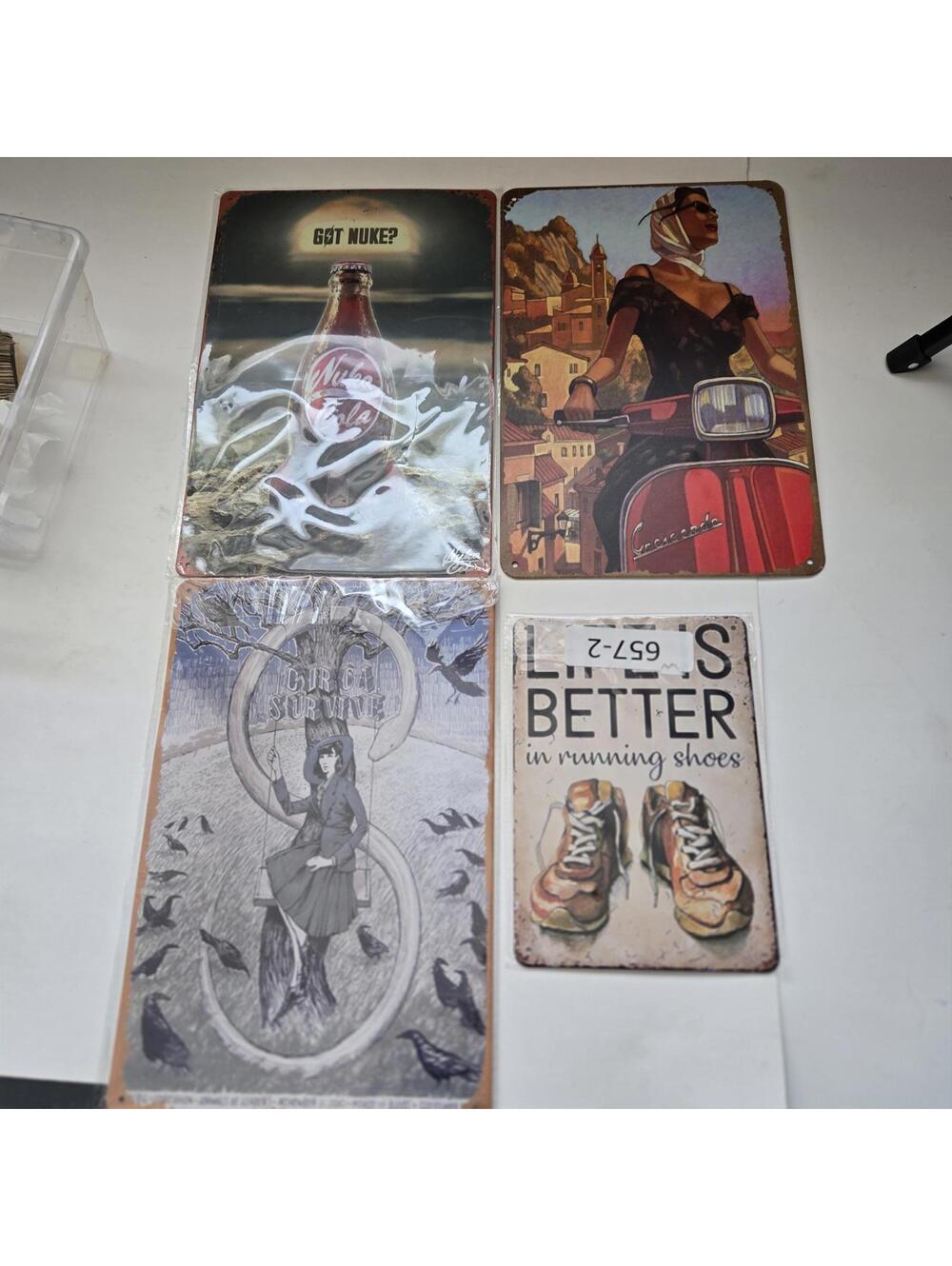 Lot of 4 Metal Tin Signs: Fallout Nuka Vespa Italy Circa Survive Running Decor